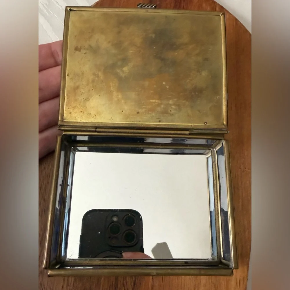 Vintage Gold and Blue Jewelry Organizer Angel Mirrored Glass Trinket box